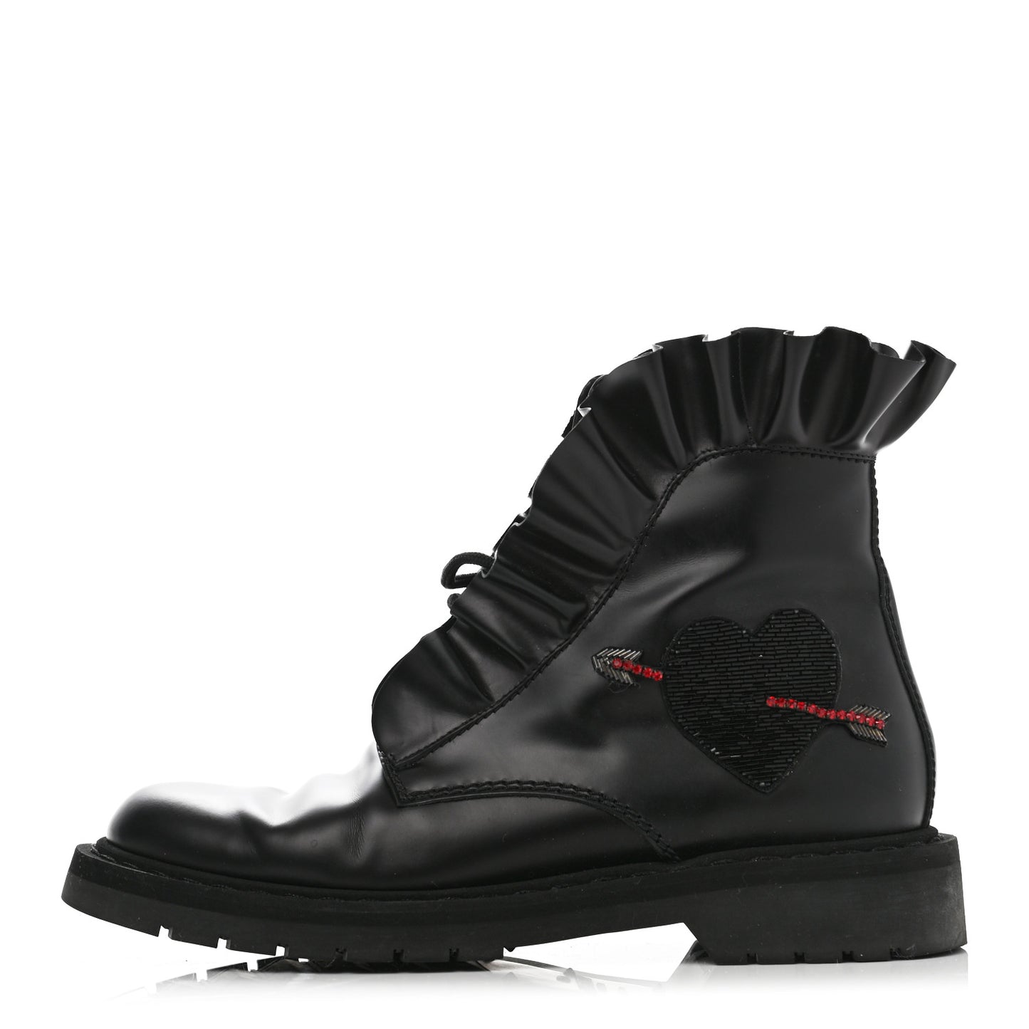 Calfskin Ruffle Heart Love Combat Boots 38 Black