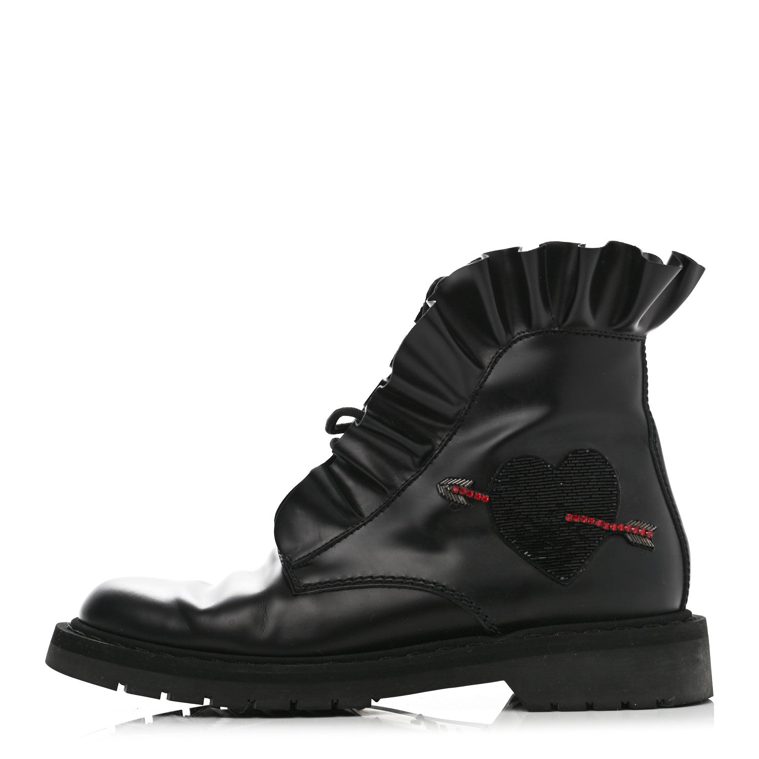 Valentino Garavani Calfskin Ruffle Heart Love Combat Boots 38 Black 1 of 11