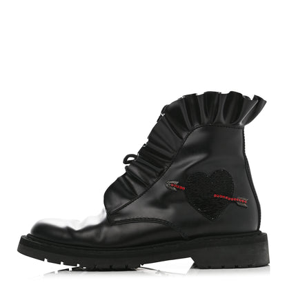 Valentino Garavani Calfskin Ruffle Heart Love Combat Boots 38 Black 1 of 11