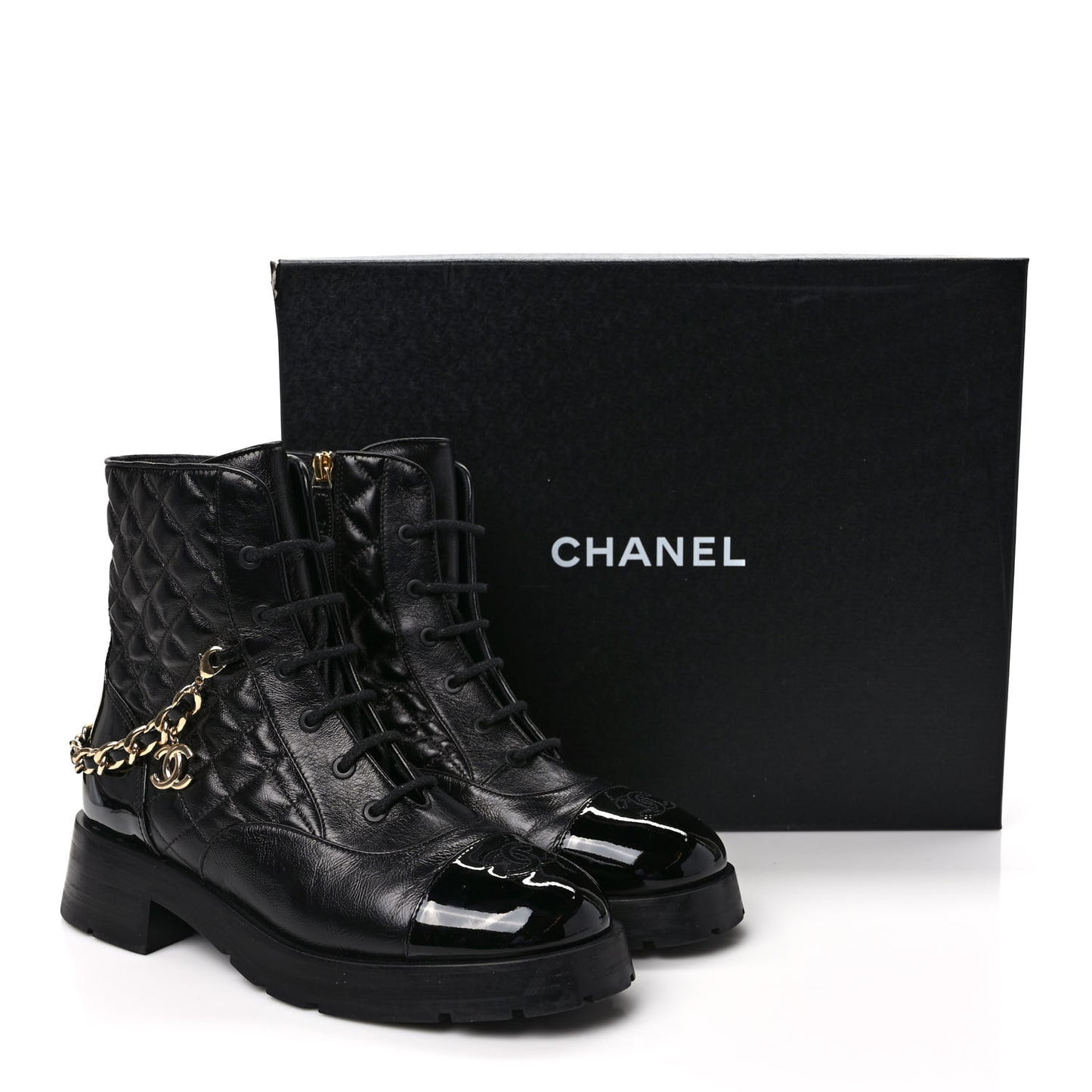 Shiny Calfskin Patent Quilted Chain Lace Up Combat Boots 40.5 Black