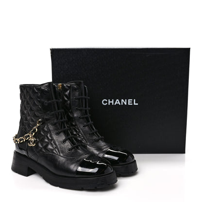 Chanel Shiny Calfskin Patent Quilted Chain Lace Up Combat Boots 40.5 Black 9 of 9