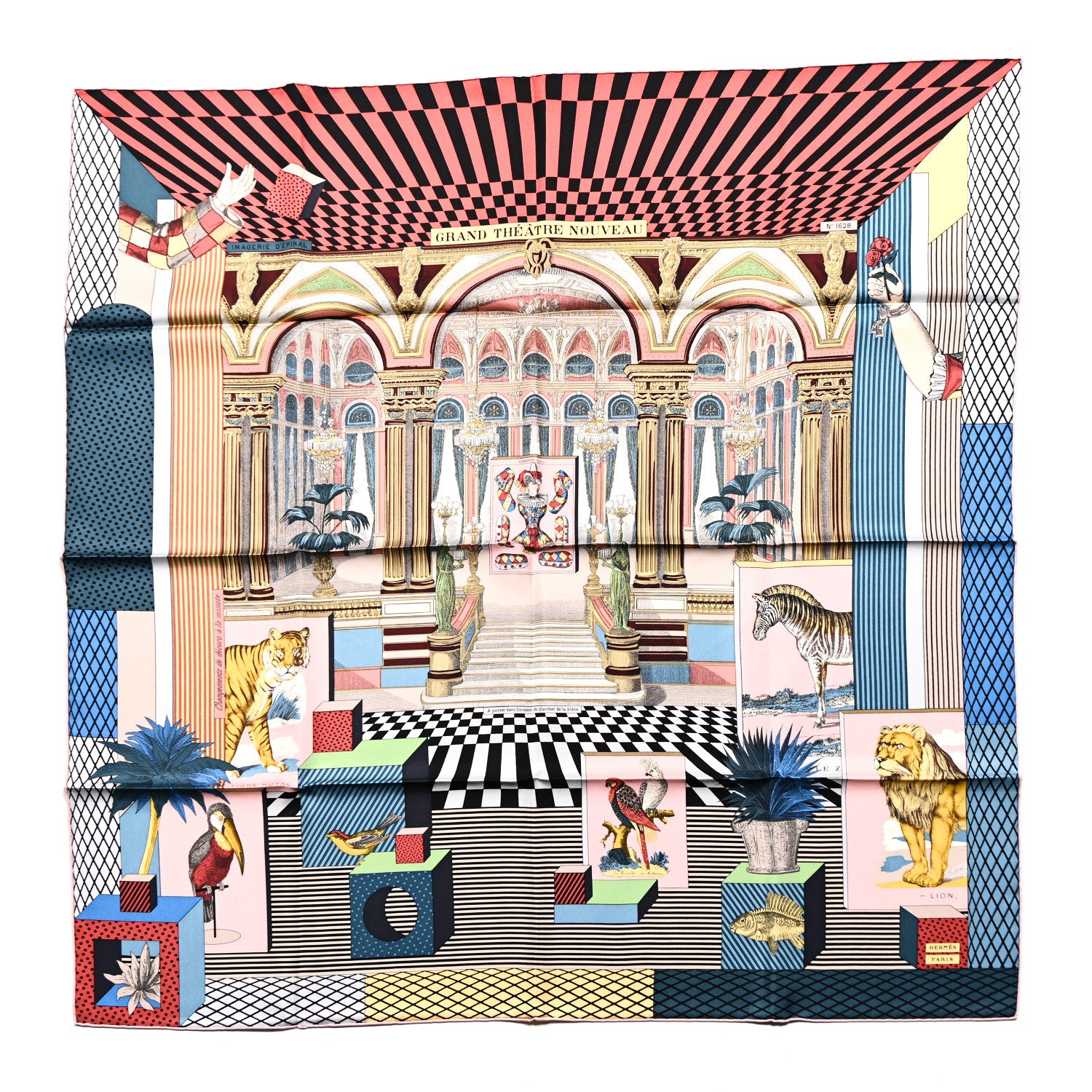 Hermes Silk Grand Theatre Nouveau Scarf 90 Bleu Vieux Rose Vert 1 of 6