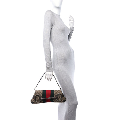 Gucci Monogram Textured Dollar Calfskin Heavy Grosgrain Web Medium Maxi Horsebit Chain Shoulder Bag Beige Ebony New Acero 2 of 10
