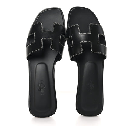 Hermes Box Calfskin Oran Sandals 37 Black 2 of 10