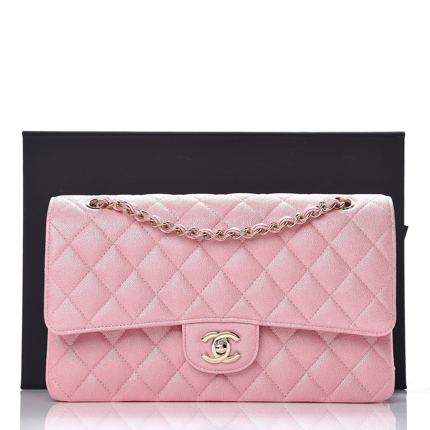 Iridescent Caviar Quilted Medium Double Flap Rose Pink