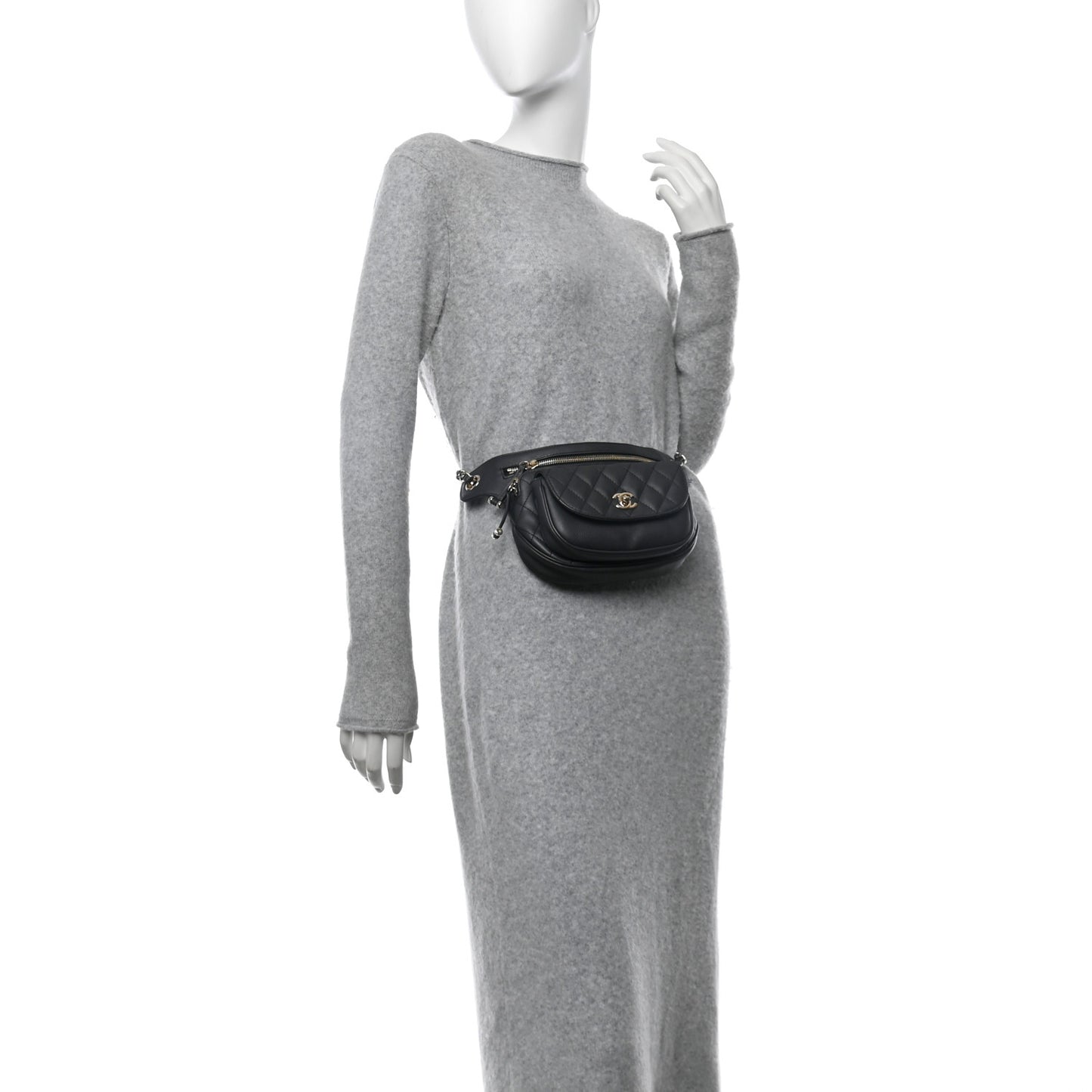 Metallic Calfskin Flap Chain Waist Bag Ruthenium
