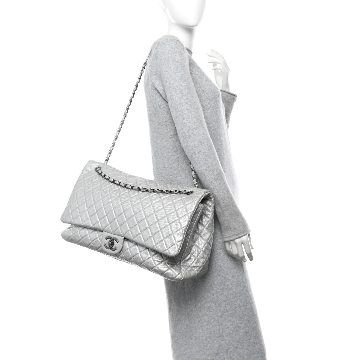 Metallic Calfskin Quilted XXL Travel Flap Bag Silver