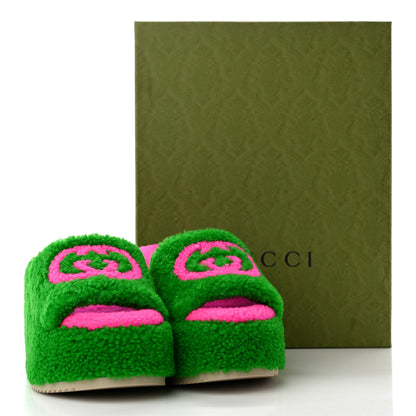 Gucci Shearling Interlocking G Womens Elea Platform Slide Wedge Sandals 36 Green Fluo Fuxia Fluo 11 of 11
