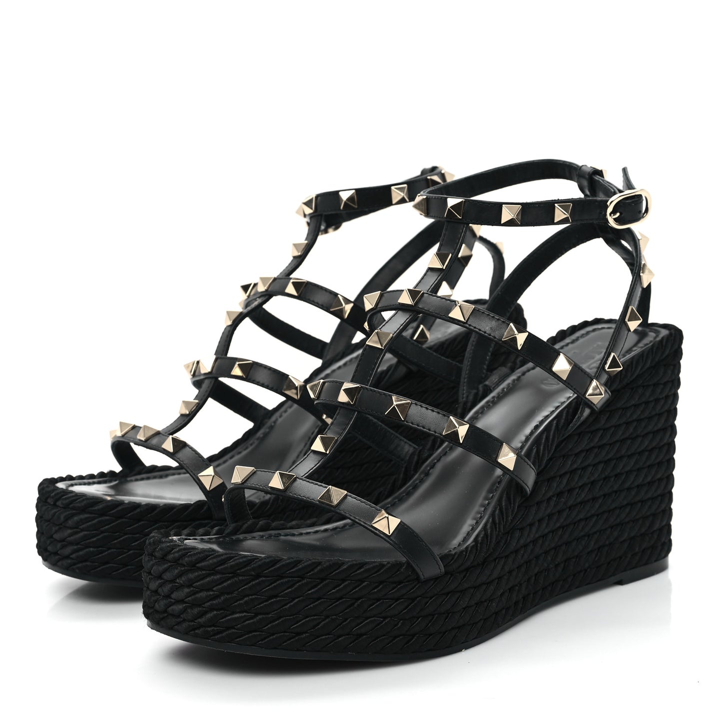 Calfskin Rockstud Ankle Strap Torchon Espadrille Caged 25/95mm Wedge Sandals 40 Black