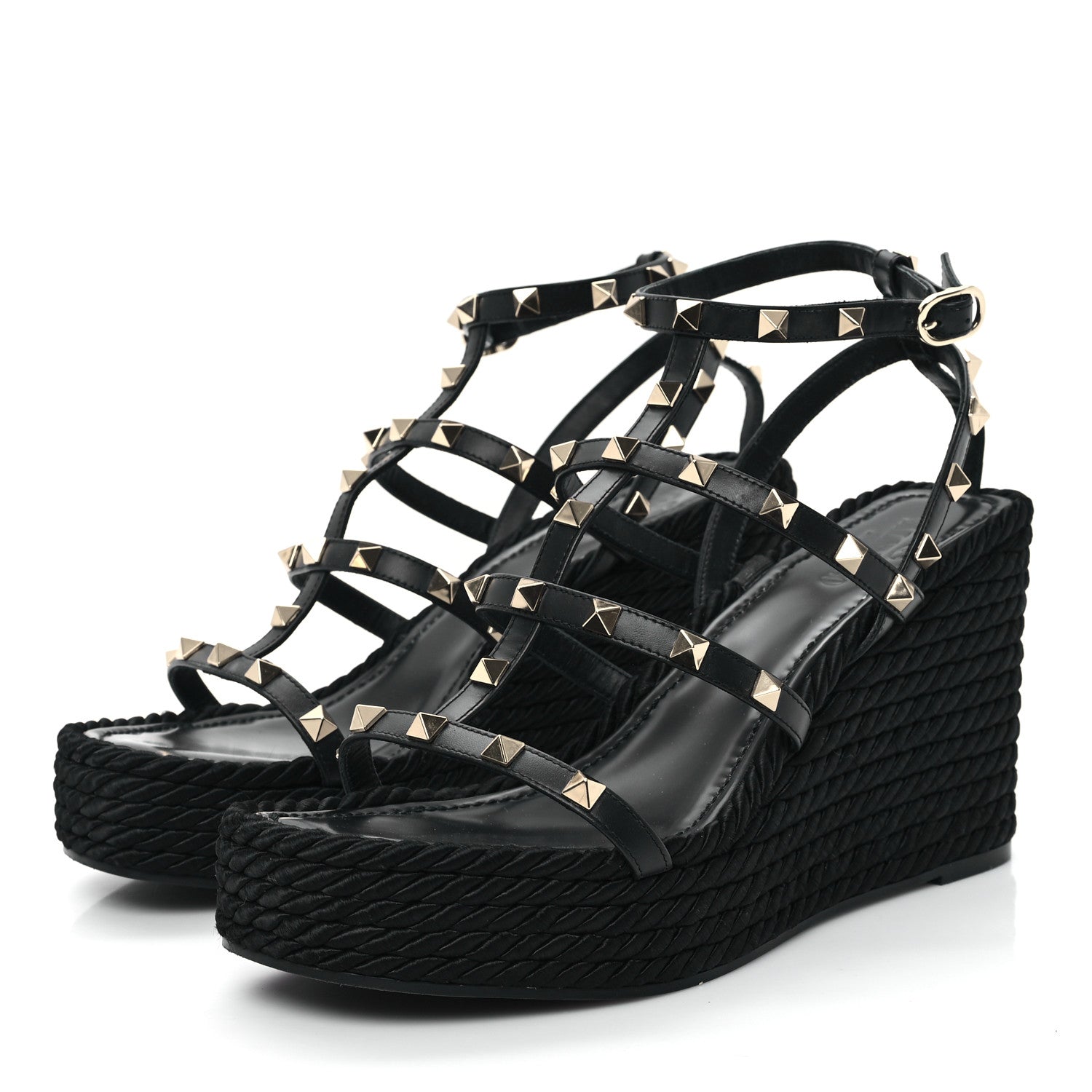 Valentino Garavani Calfskin Rockstud Ankle Strap Torchon Espadrille Caged 25/95mm Wedge Sandals 40 Black 4 of 9