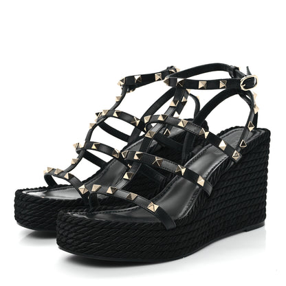 Valentino Garavani Calfskin Rockstud Ankle Strap Torchon Espadrille Caged 25/95mm Wedge Sandals 40 Black 4 of 9