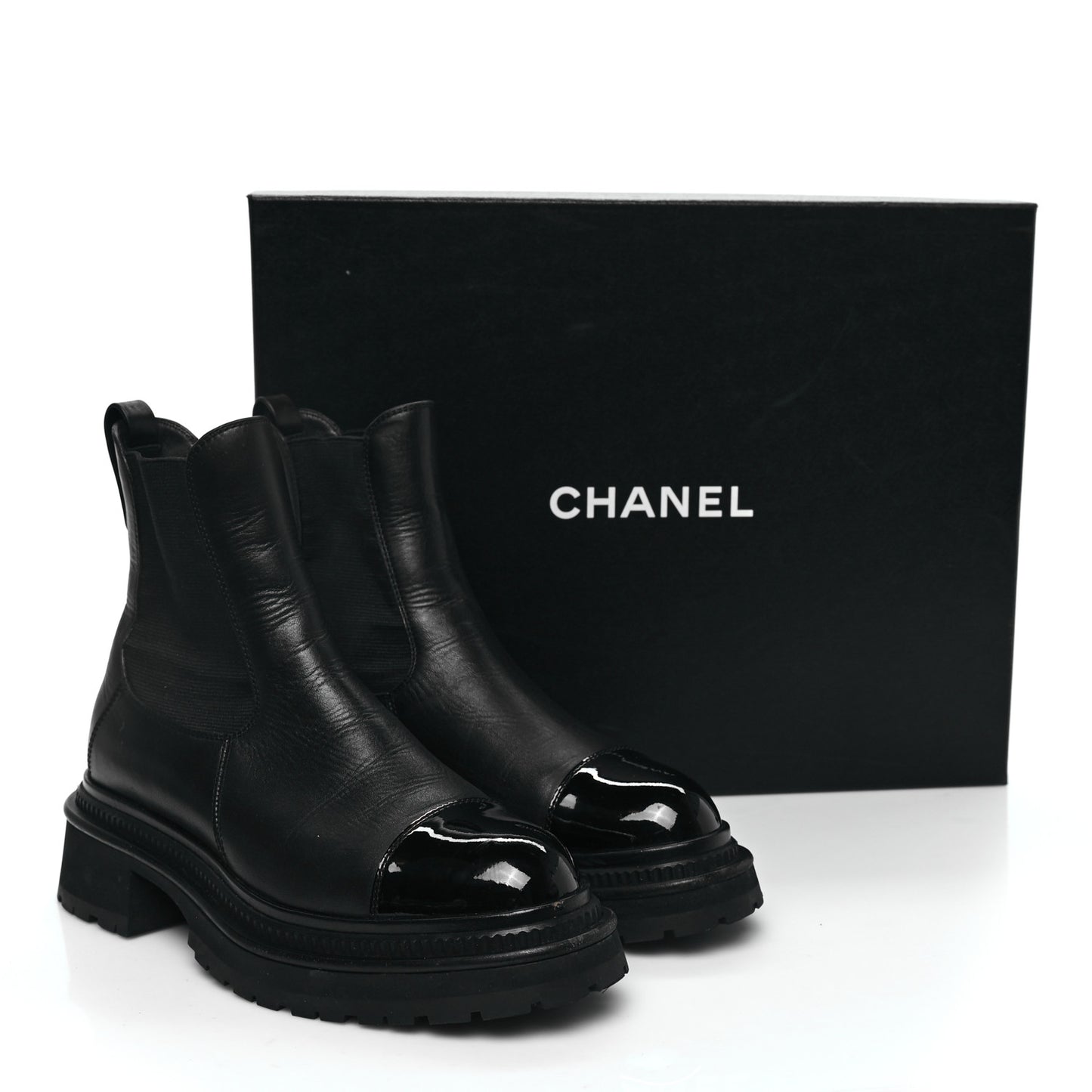 Grained Calfskin Patent Cap Toe CC Platform Ankle Boots 37.5 Black