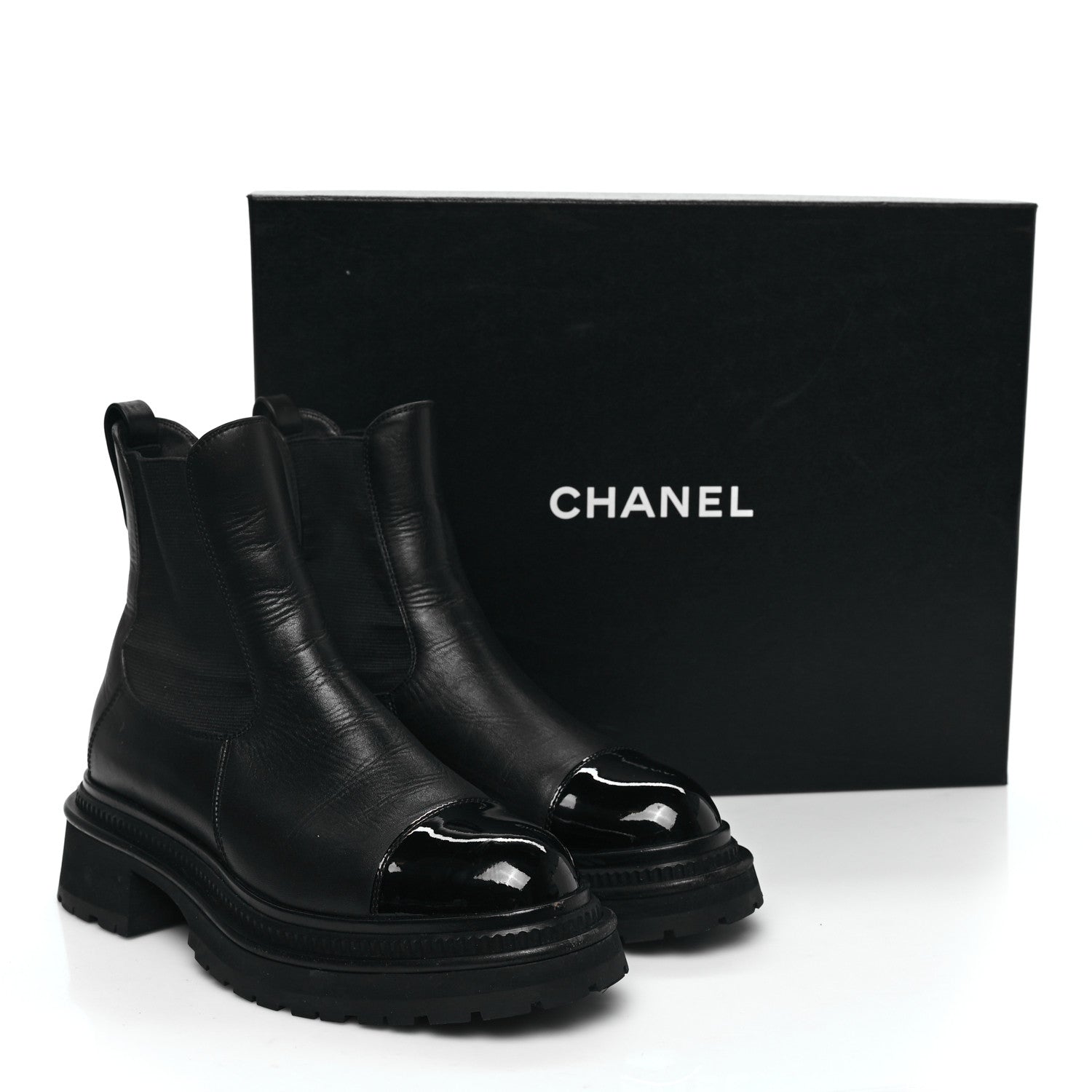 Chanel Grained Calfskin Patent Cap Toe CC Platform Ankle Boots 37.5 Black 10 of 10