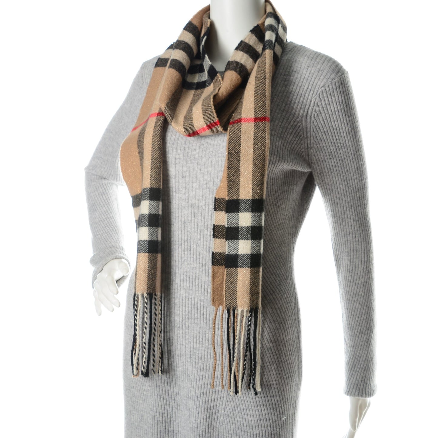 Cashmere Metallic Giant Check Skinny Scarf Camel