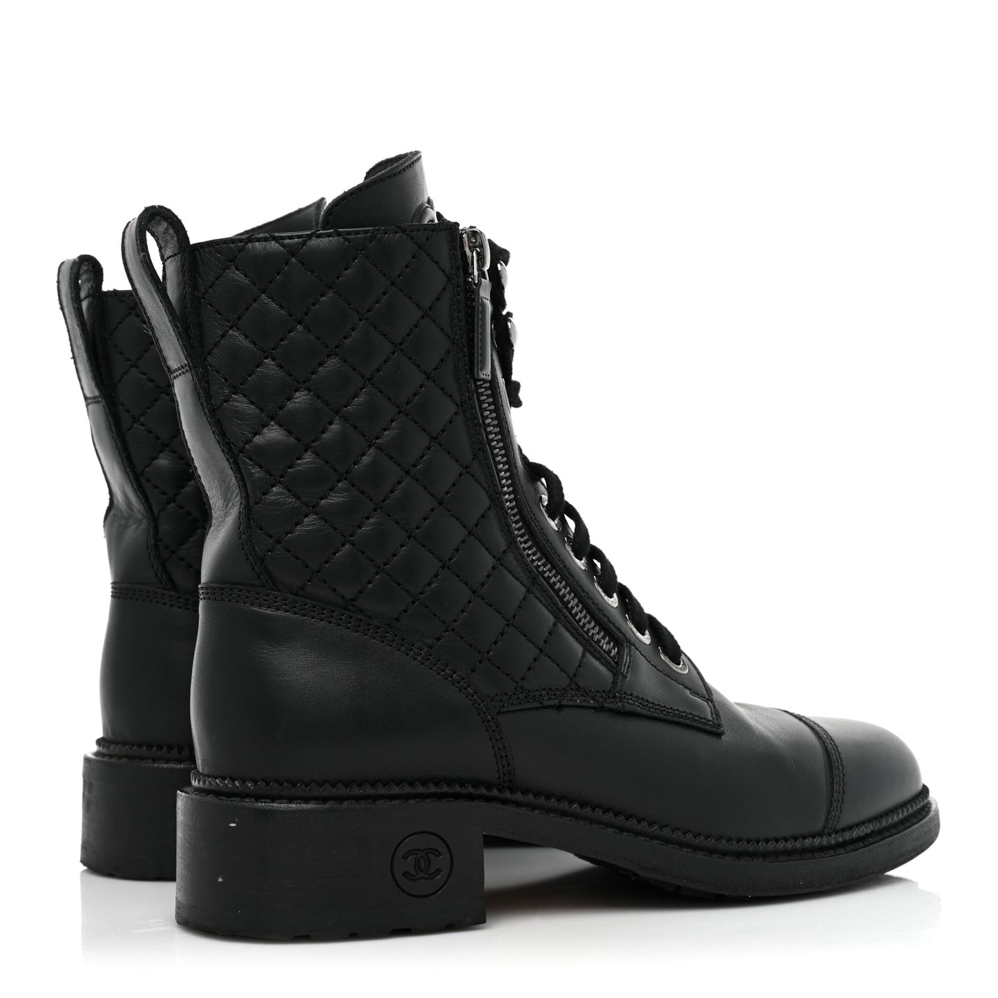 Calfskin Quilted Lace Up Combat Boots 38 Black