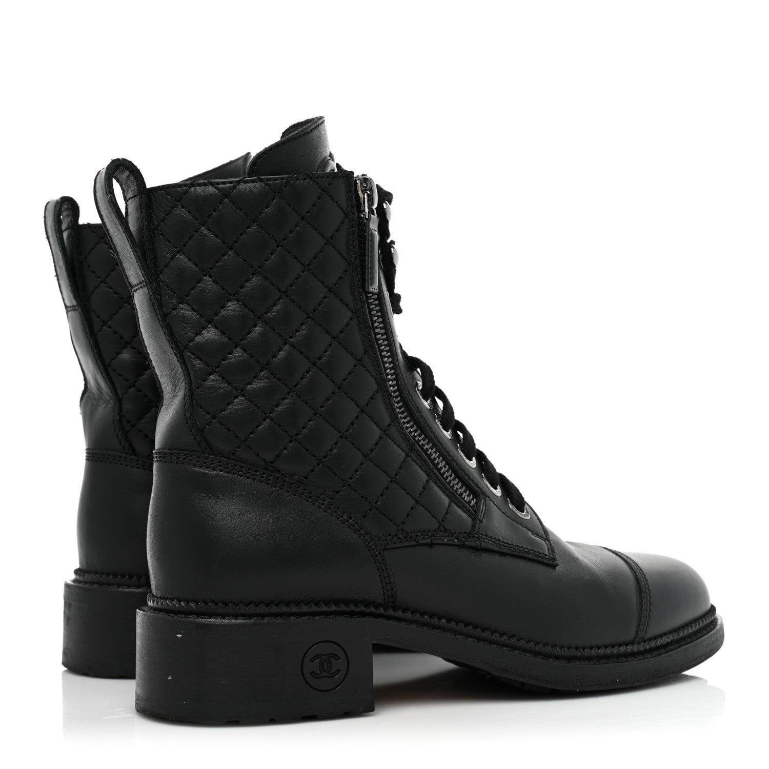 Chanel Calfskin Quilted Lace Up Combat Boots 38 Black 4 of 11