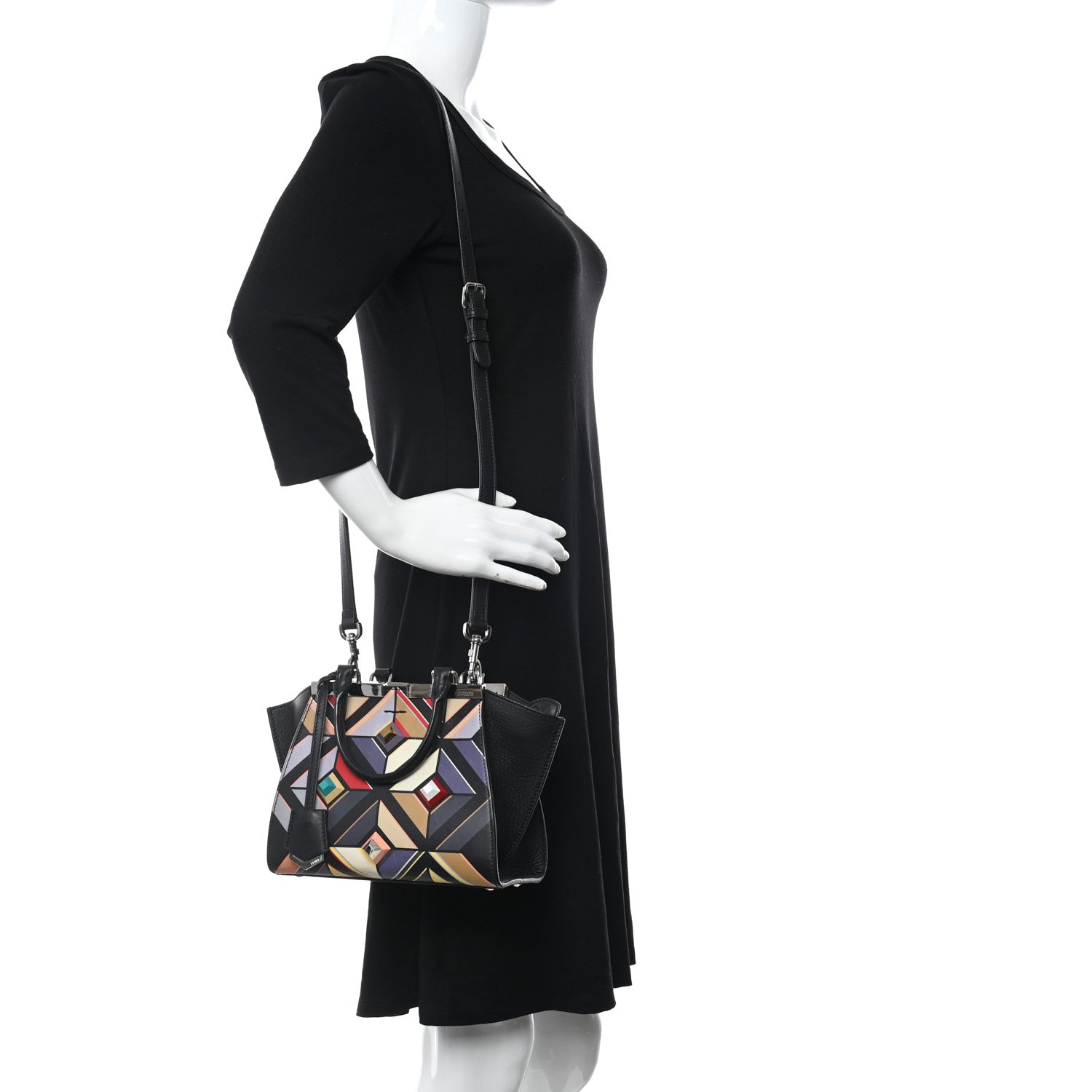 Fendi Calfskin Studded Diamond Mini 3Jours Tote Black Multicolor 2 of 12