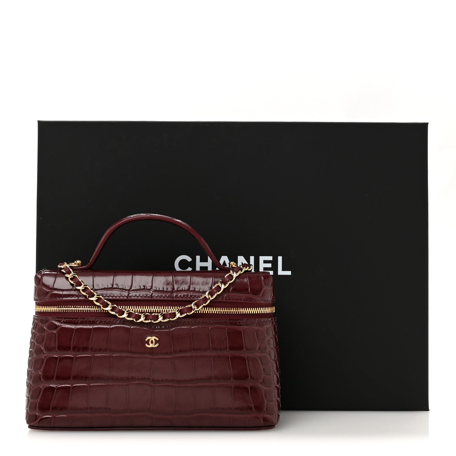 Chanel Calfskin Crocodile Embossed Crococo Top Handle Slim Vanity Case With Chain Dark Burgundy 11 of 11