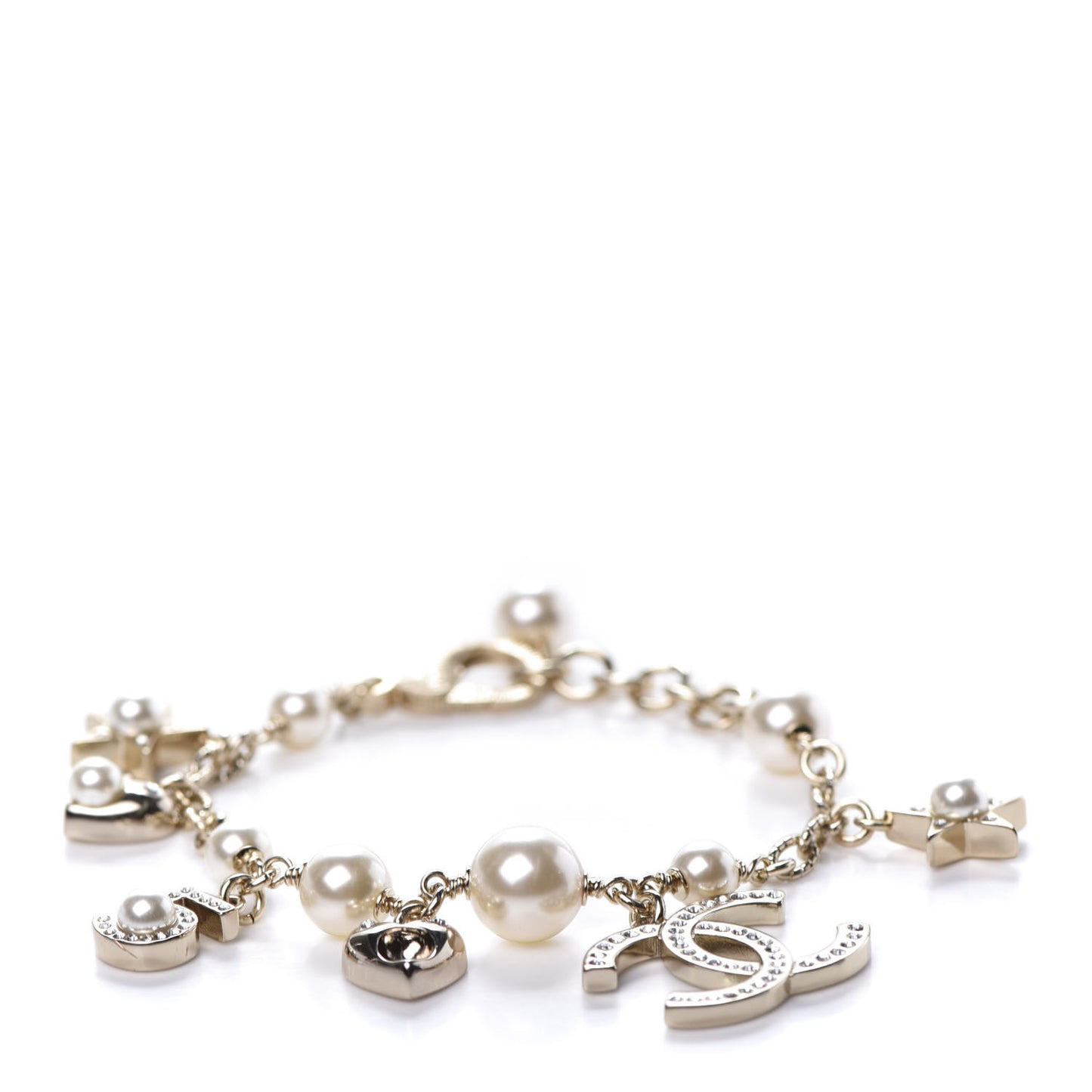 Crystal Pearl CC Charming Bracelet Gold