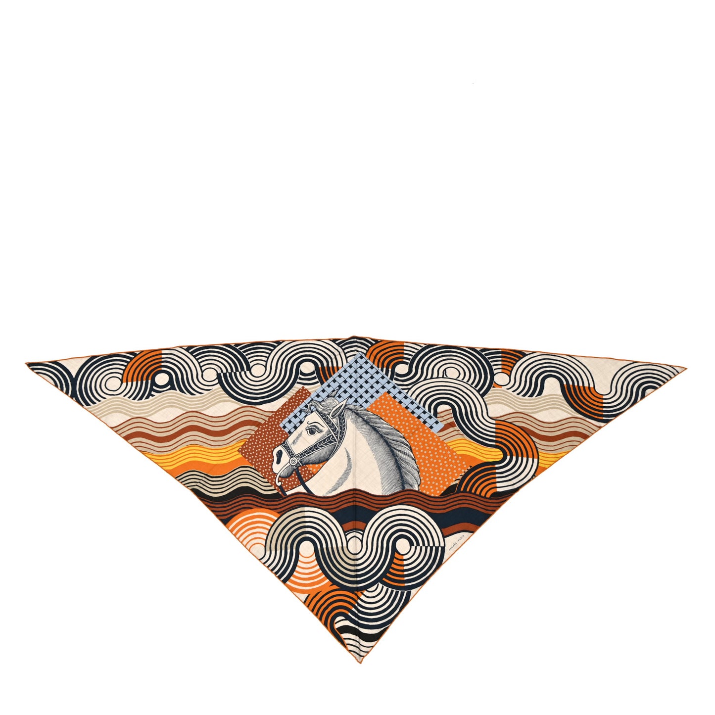 Cashmere Silk Cheval Vague Giant Pointe Triangle Scarf Caramel Bleu Naturel