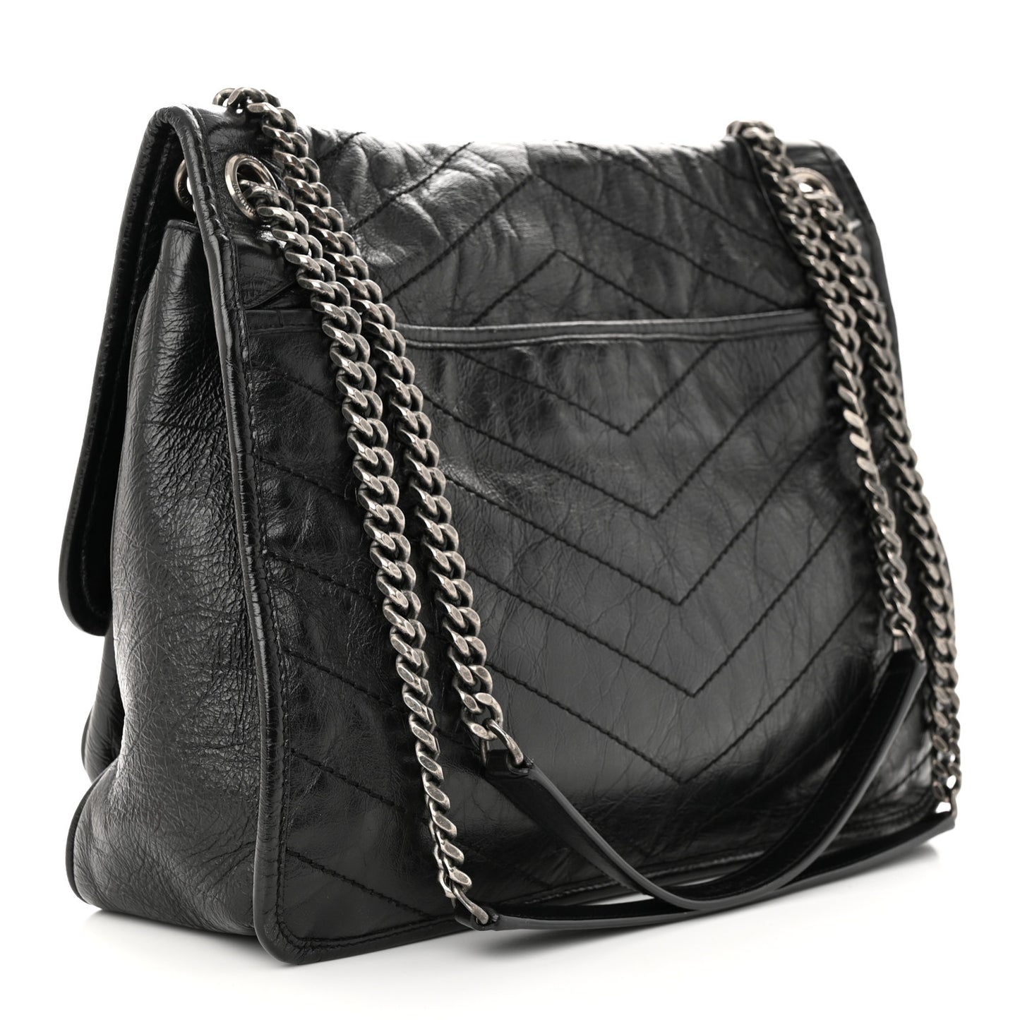 Crinkled Calfskin Matelasse Monogram Large Niki Chain Satchel Black