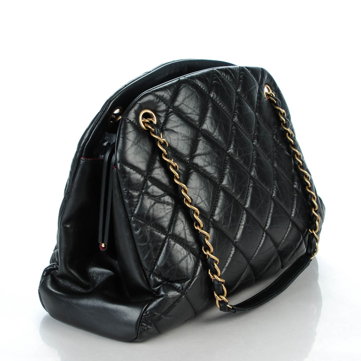 Aged Calfskin Quilted Large Mademoiselle Bowling Bag Black