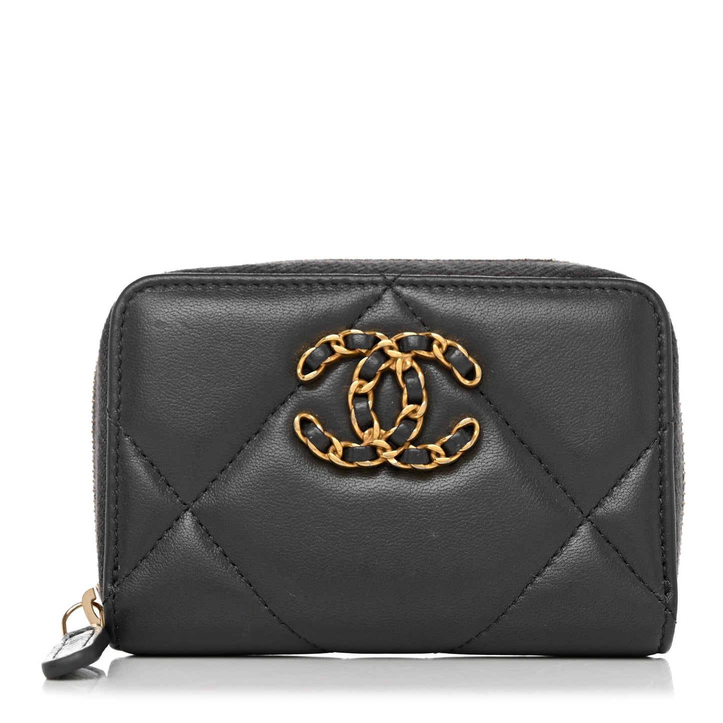 Lambskin Quilted Chanel 19 Zip Around Coin Purse Wallet Dark Grey