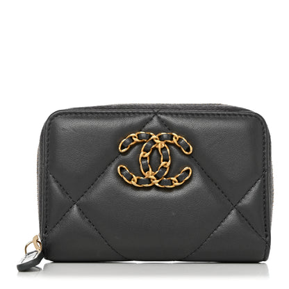 Chanel Lambskin Quilted Chanel 19 Zip Around Coin Purse Wallet Dark Grey 1 of 8