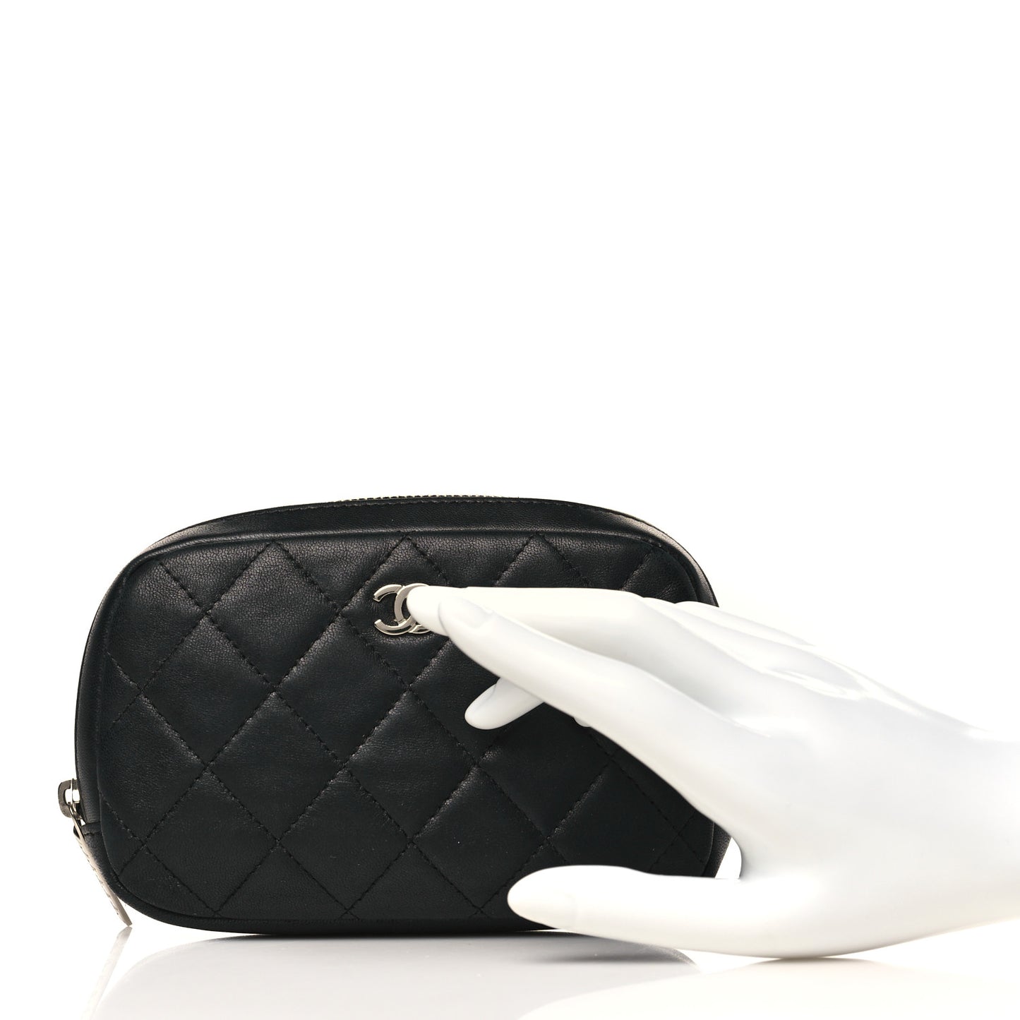 Lambskin Quilted Small Curvy Pouch Cosmetic Case Black