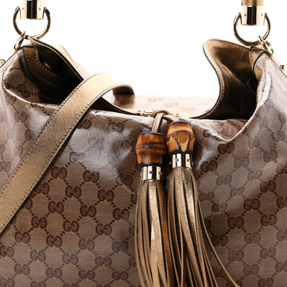 Gucci Crystal Monogram Metallic Calfskin Large Indy Top Handle Bag Beige Ebony Gold 9 of 10