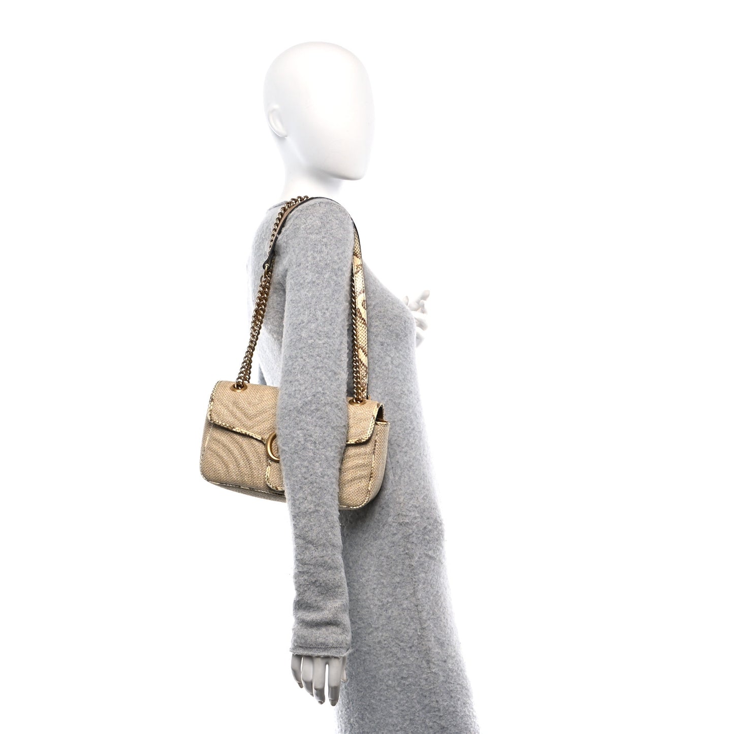 Raffia Elaphe Matelasse Small GG Marmont Shoulder Bag Natural Cream Brown