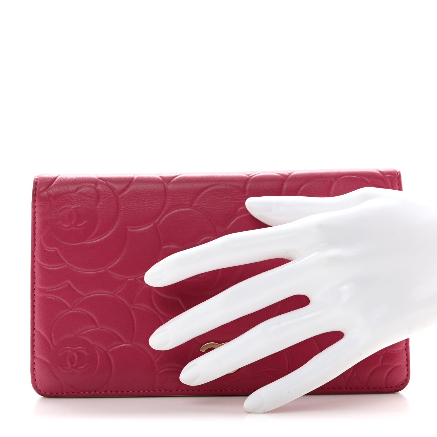 Chanel Lambskin Camellia Embossed Yen Wallet Fuchsia 2 of 10
