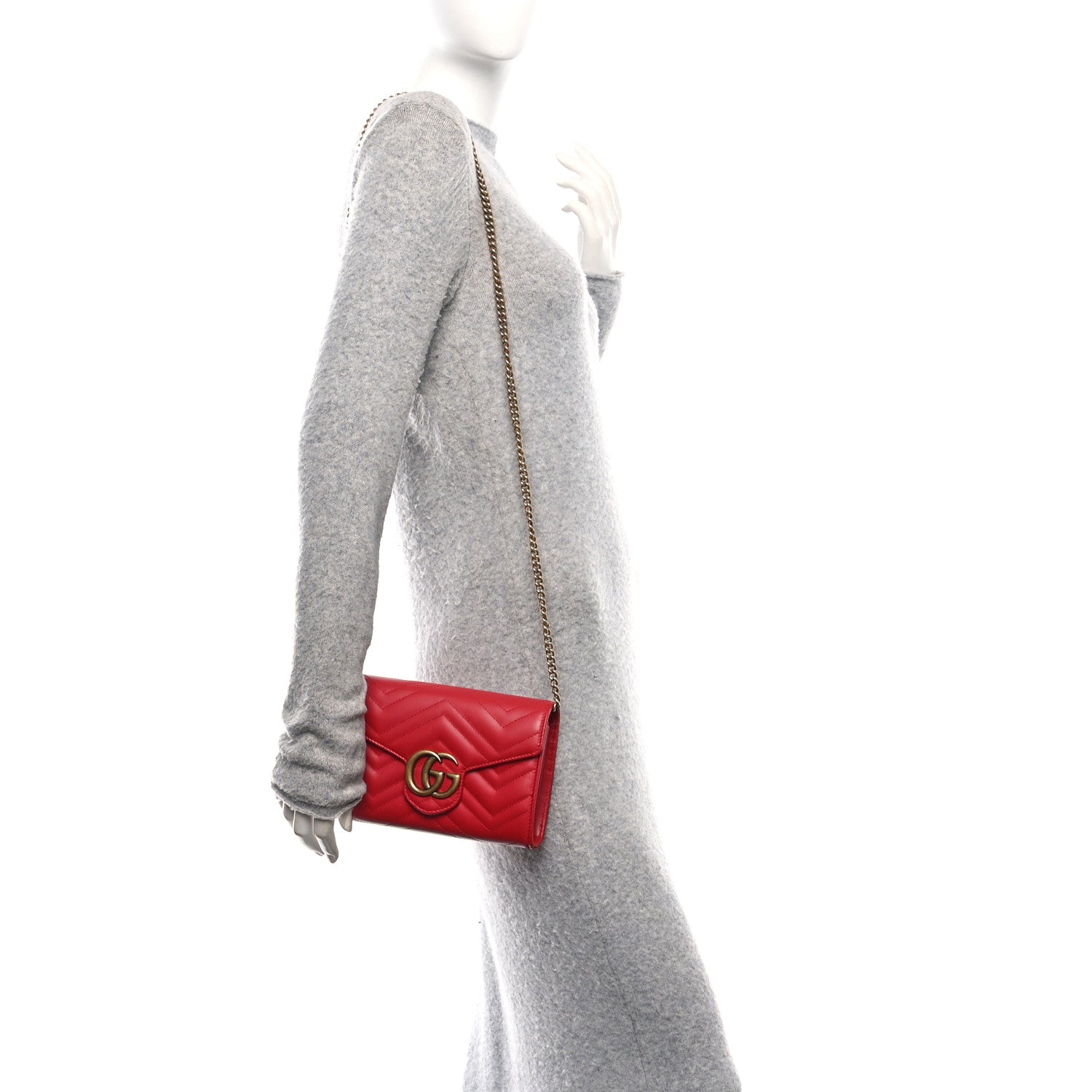 Gucci Calfskin Matelasse GG Marmont Chain Wallet Hibiscus Red 2 of 10