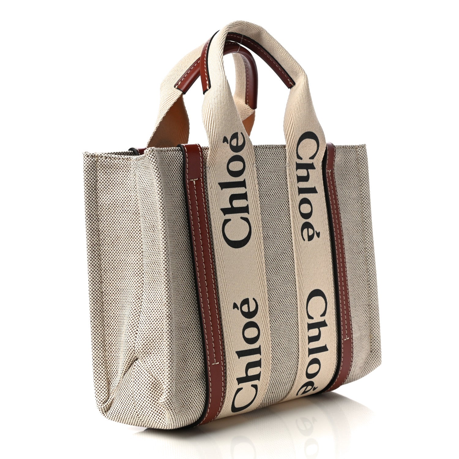 Chloe Cotton Calfskin Small Woody Ribbon Tote White Brown 3 of 10