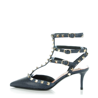 Valentino Garavani Pebbled Calfskin Rockstud Ankle Strap 65mm Pumps 36.5 Deep Denim 1 of 7