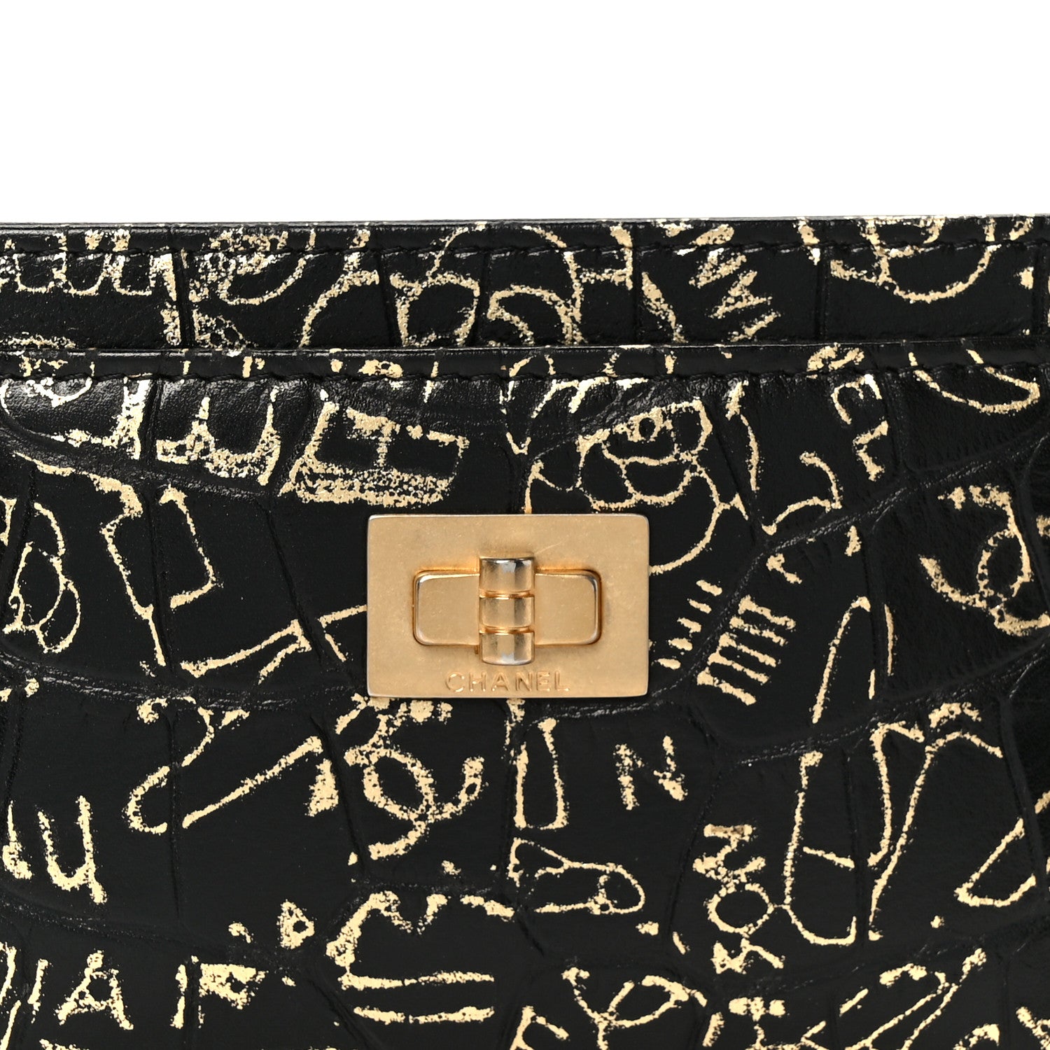 Chanel Calfskin Crocodile Embossed Graffiti 2.55 Cocodile Reissue Card Holder Black Gold 9 of 10