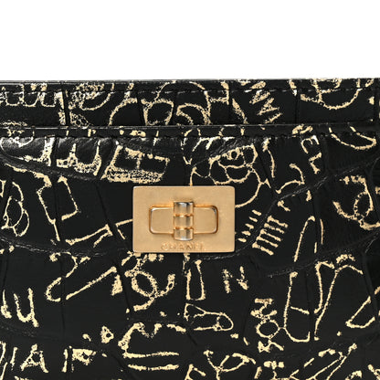 Chanel Calfskin Crocodile Embossed Graffiti 2.55 Cocodile Reissue Card Holder Black Gold 9 of 10