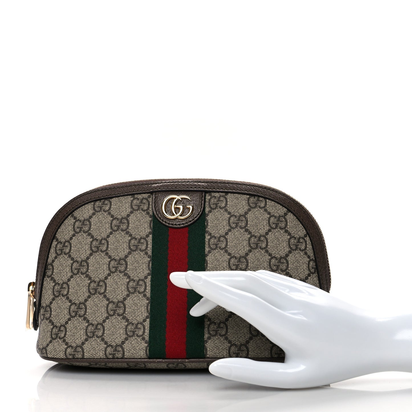 GG Supreme Monogram Textured Calfskin Web Large Ophidia Cosmetic Case Beige Ebony New Acero