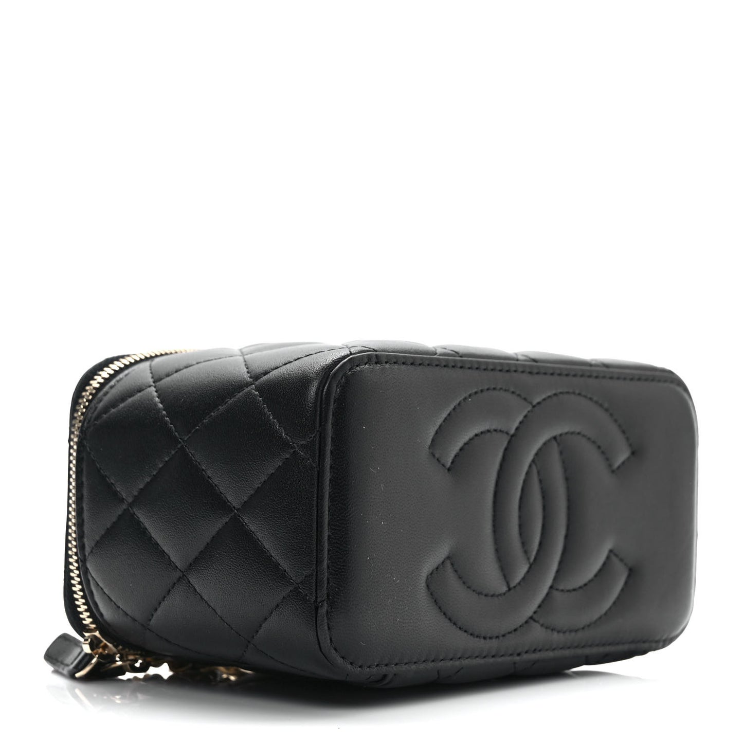 Lambskin Quilted Metal Small Top Handle Vanity Case With Chain Black