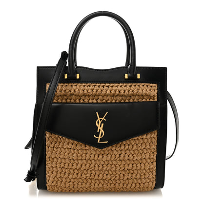 Saint Laurent Raffia Calfskin Small Uptown Tote Black Natural 1 of 11