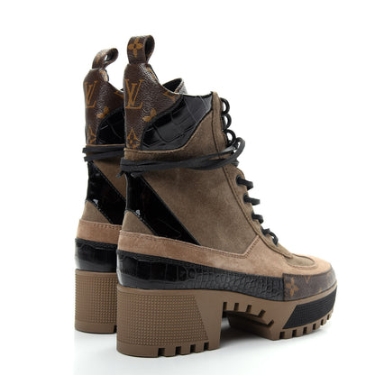 Louis Vuitton Suede Calfskin Monogram Laureate Platform Desert Boots 37 Taupe 4 of 10