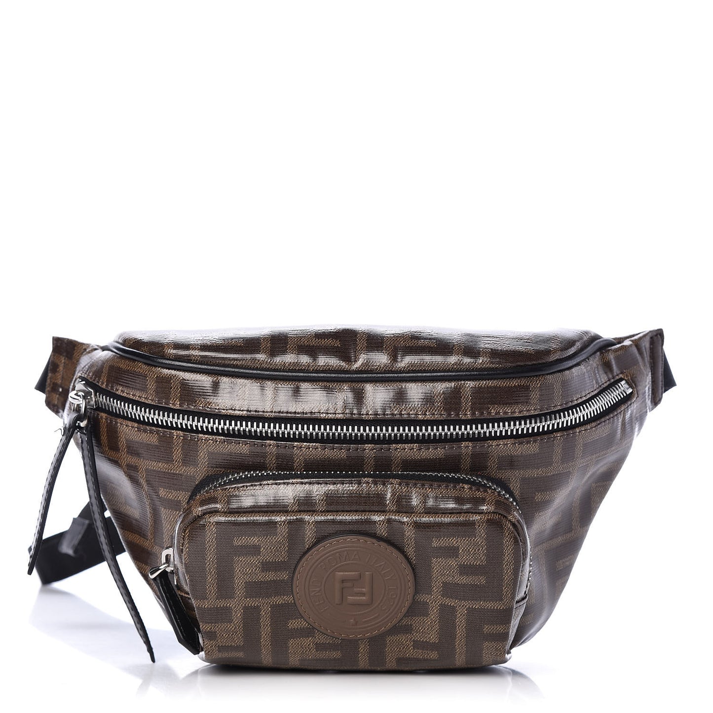 Glazed Fabric Vitello Century FF 1974 Stamp Patch Mens Pocket Belt Bag Mogano Panna Black