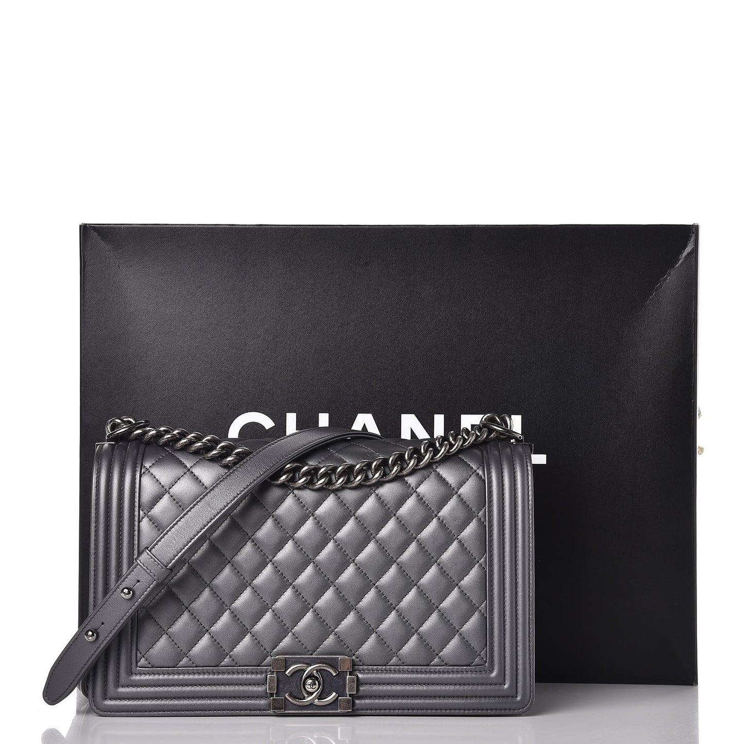 Metallic Calfskin Quilted New Medium Boy Flap Dark Silver
