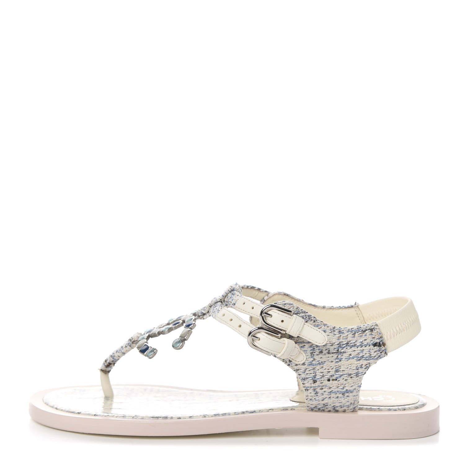 Chanel Tweed CC Thong Sandals 37 Ecru Blue Beige Grey 1 of 10