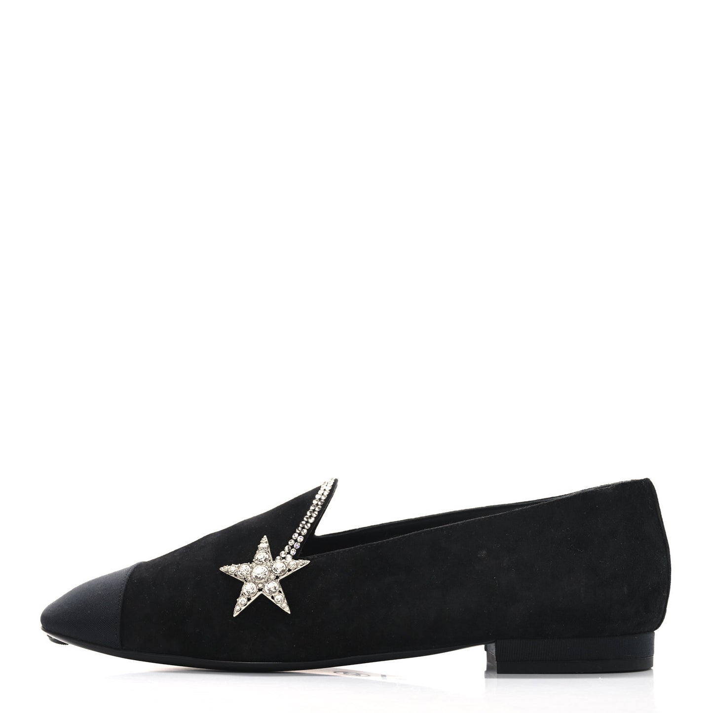Suede Calfskin Grosgrain Crystal Star Mocassin Loafers 38 Black