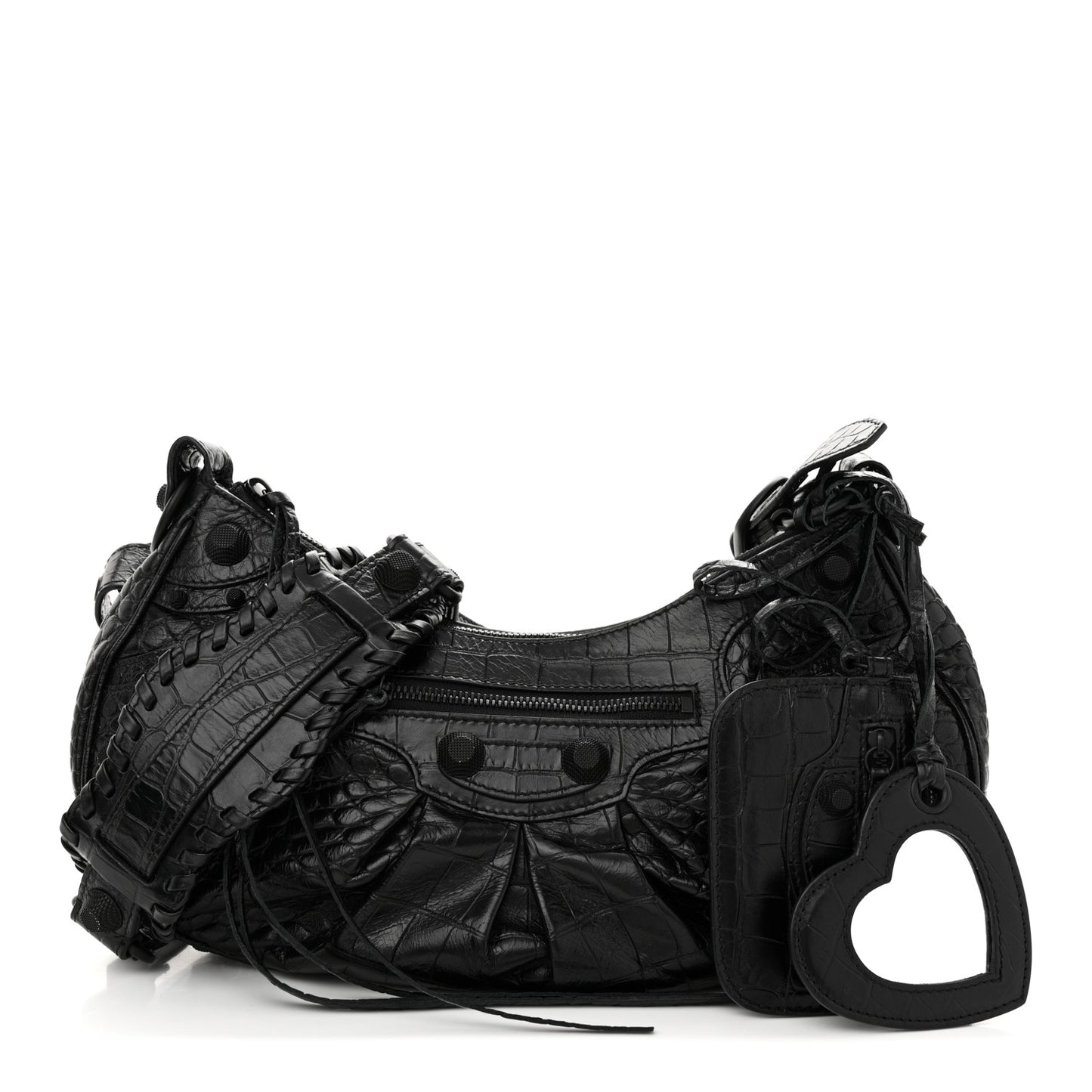 Extra Supple Calfskin Crocodile Embossed Monochrome Small Le Cagole Shoulder Bag Black