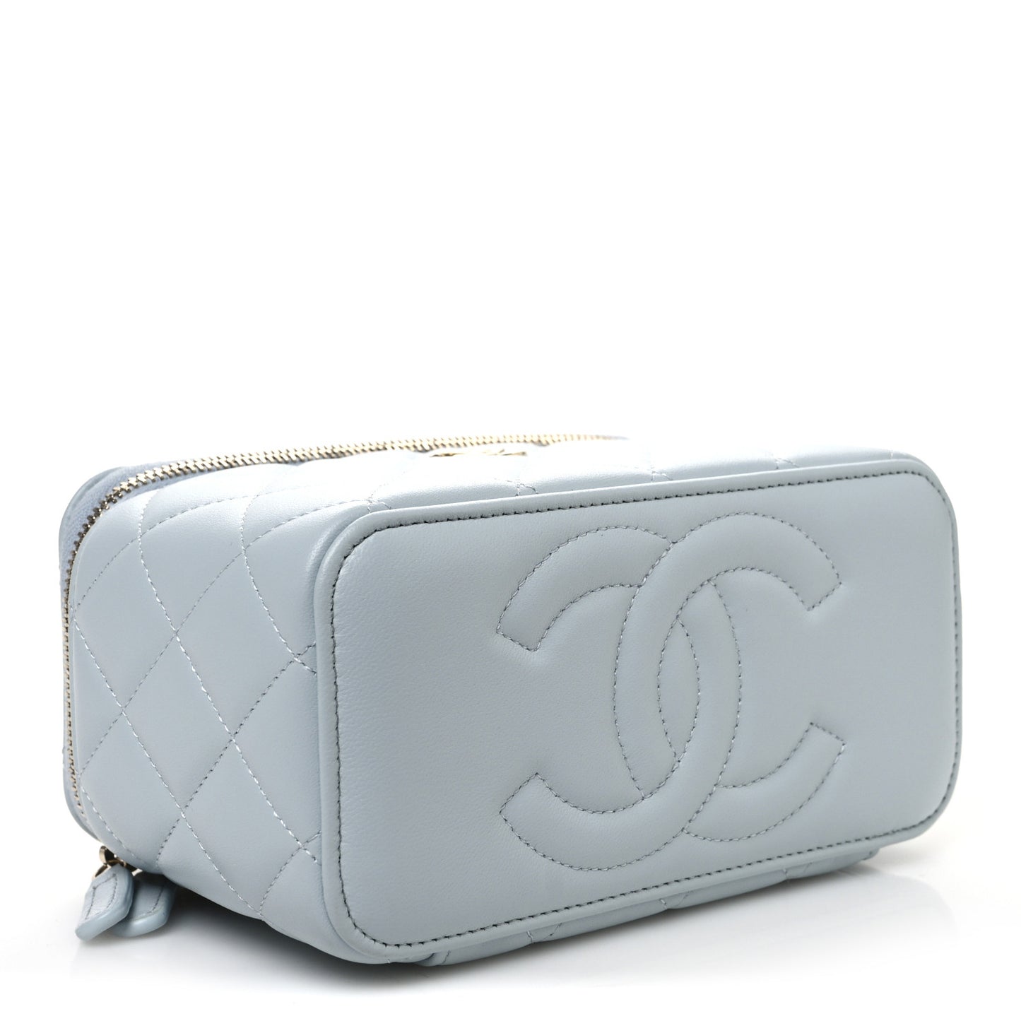 Lambskin Quilted Small Top Handle Vanity Case With Chain Light Blue