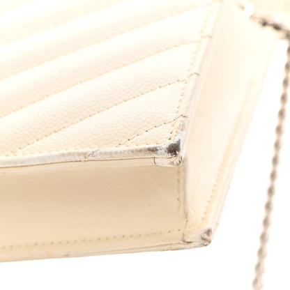 Saint Laurent Grain De Poudre Matelasse Chevron Monogram Envelope Chain Wallet White 17 of 21
