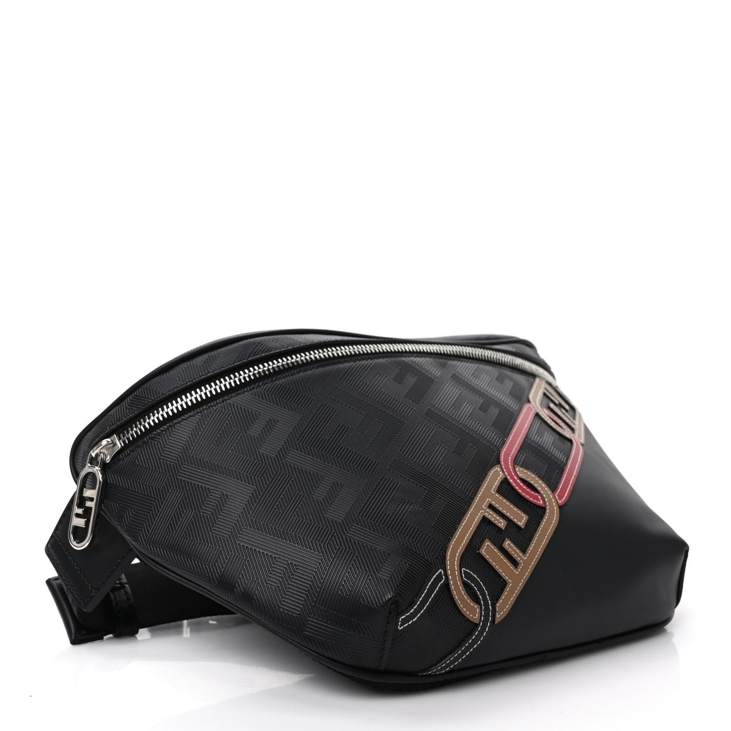 Vitello King FF Lines Embossed Lock Chain 1974 Diagonal Belt Bag Black