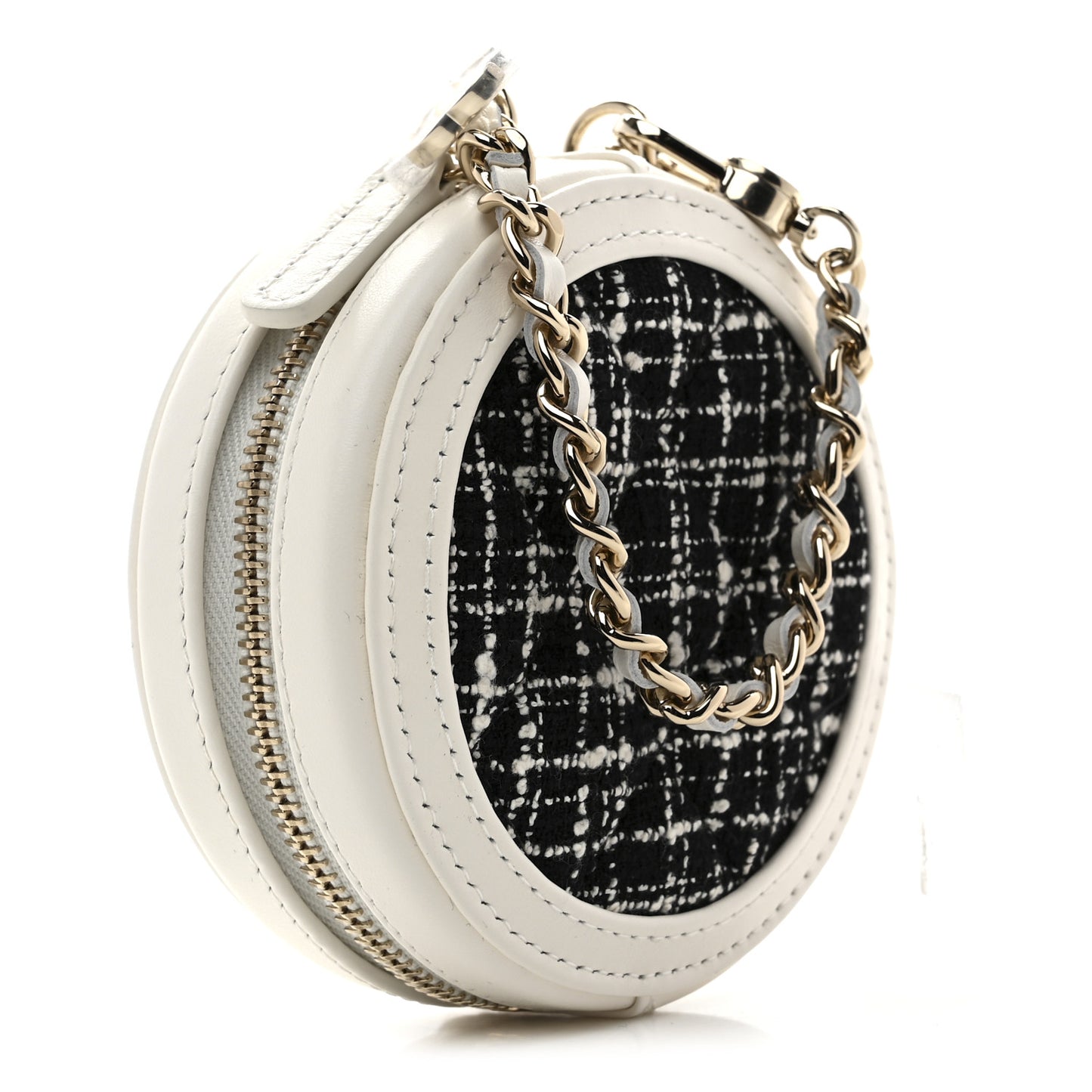 Tweed Quilted Round Filigree Pouch With Chain White Black